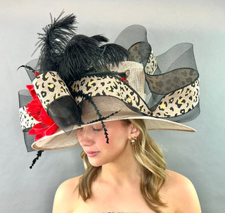 ANIMAL PRINT KENTUCKY DERBY HAT WITH RED BLOOM