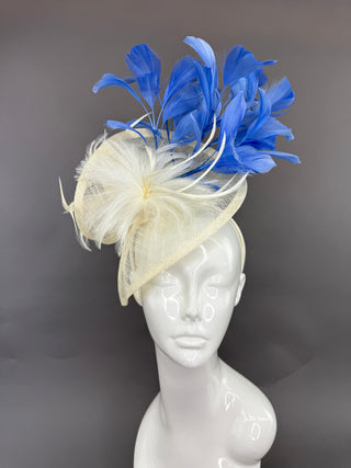 IVORY FASCINATOR WITH COUNTRY BLUE FEATHERS