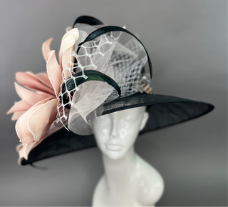BLACK AND BLUSH PINK BLOOM WIDE BRIM HAT