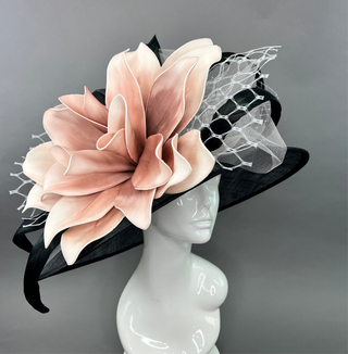 BLACK AND BLUSH PINK BLOOM WIDE BRIM HAT