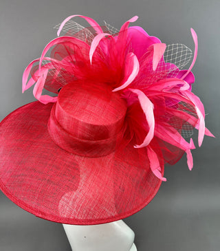 RED ROUND BRIM WITH CANDY PINK BLOOM FLOWER