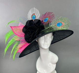 BLACK WIDE BRIM HAT WITH GLITTER PEACOCK FEATHERS