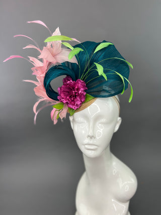 TEAL GREEN FASCINATOR WITH PINK  ACCENTS