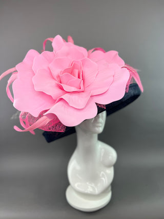 NAVY BLUE FLIPPED BRIM HAT WITH PINK FLORAL BLOOM