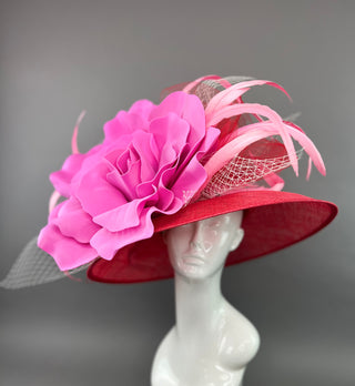 RED ROUND BRIM WITH CANDY PINK BLOOM FLOWER