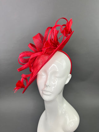 RED FASCINATOR WITH RED FEATHERS FLOWERS