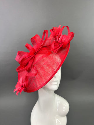 RED FASCINATOR WITH RED FEATHERS FLOWERS