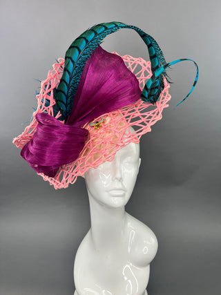 PINK AND DARK MAGENTA FASCINATOR WITH TEAL ACCENTS