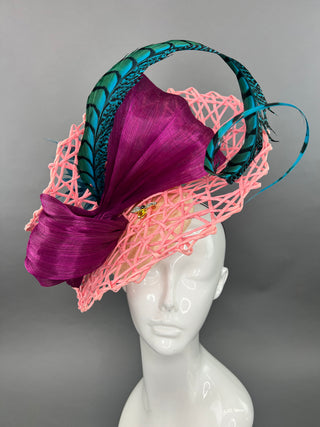 PINK AND DARK MAGENTA FASCINATOR WITH TEAL ACCENTS