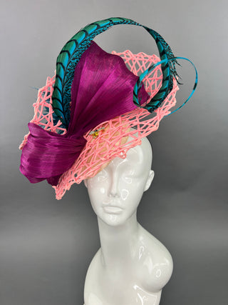 PINK AND DARK MAGENTA FASCINATOR WITH TEAL ACCENTS