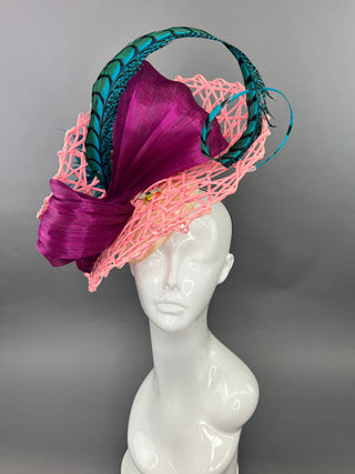 PINK AND DARK MAGENTA FASCINATOR WITH TEAL ACCENTS