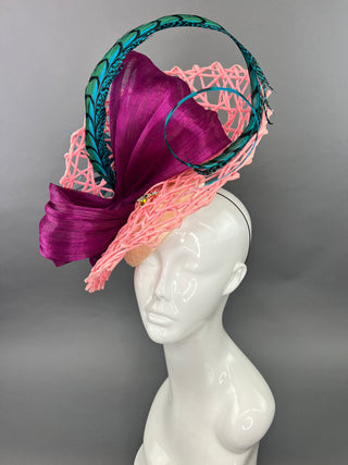 PINK AND DARK MAGENTA FASCINATOR WITH TEAL ACCENTS
