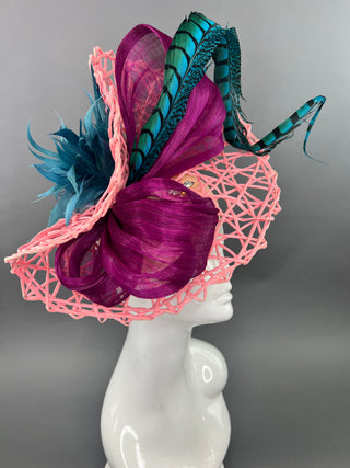 PINK AND DARK MAGENTA FASCINATOR WITH TEAL ACCENTS