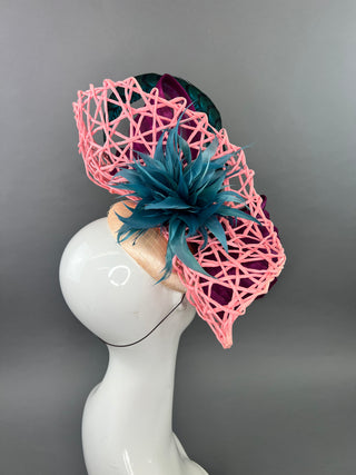 PINK AND DARK MAGENTA FASCINATOR WITH TEAL ACCENTS