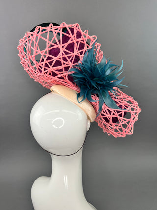 PINK AND DARK MAGENTA FASCINATOR WITH TEAL ACCENTS