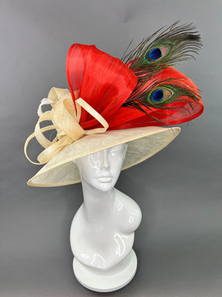 IVORY AND BURNT ORANGE WITH PEACOCK FEATHERS DERBY HAT
