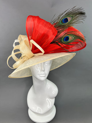 IVORY AND BURNT ORANGE WITH PEACOCK FEATHERS DERBY HAT