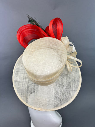 IVORY AND BURNT ORANGE WITH PEACOCK FEATHERS DERBY HAT