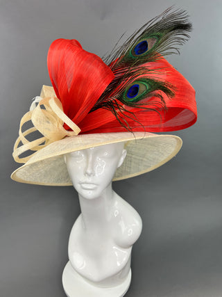 IVORY AND BURNT ORANGE WITH PEACOCK FEATHERS DERBY HAT