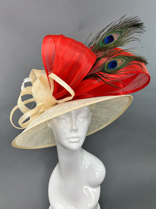 IVORY AND BURNT ORANGE WITH PEACOCK FEATHERS DERBY HAT
