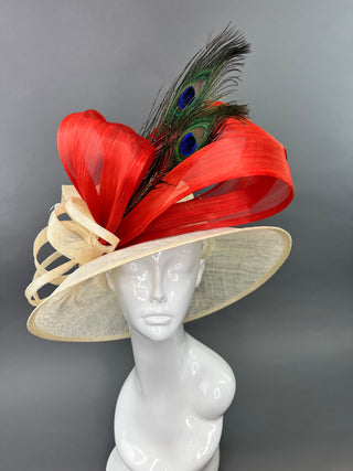 IVORY AND BURNT ORANGE WITH PEACOCK FEATHERS DERBY HAT