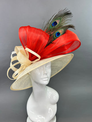 IVORY AND BURNT ORANGE WITH PEACOCK FEATHERS DERBY HAT