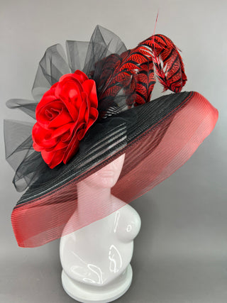 BLACK AND RED ROSE DERBY HAT