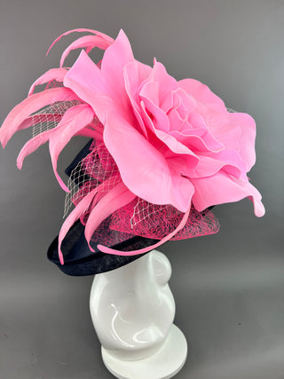 NAVY BLUE FLIPPED BRIM HAT WITH PINK FLORAL BLOOM