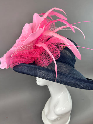 NAVY BLUE FLIPPED BRIM HAT WITH PINK FLORAL BLOOM