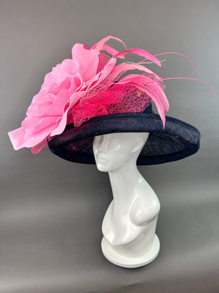 NAVY BLUE FLIPPED BRIM HAT WITH PINK FLORAL BLOOM