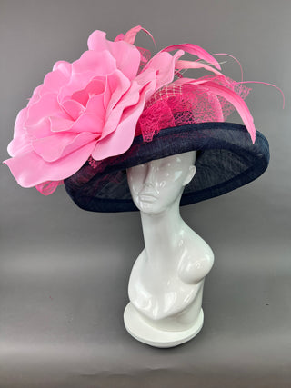 NAVY BLUE FLIPPED BRIM HAT WITH PINK FLORAL BLOOM