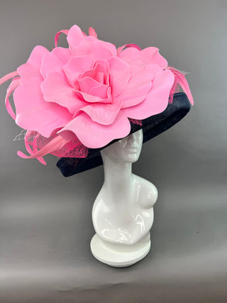 NAVY BLUE FLIPPED BRIM HAT WITH PINK FLORAL BLOOM