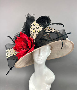 ANIMAL PRINT KENTUCKY DERBY HAT WITH RED BLOOM