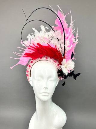 PEARL HEADBAND FASCINATOR ADORNED WITH RED, PINK AND BLACK