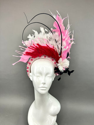 PEARL HEADBAND FASCINATOR ADORNED WITH RED, PINK AND BLACK