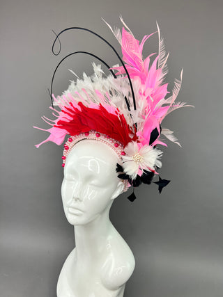 PEARL HEADBAND FASCINATOR ADORNED WITH RED, PINK AND BLACK