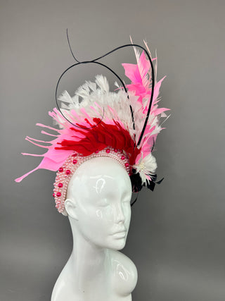 PEARL HEADBAND FASCINATOR ADORNED WITH RED, PINK AND BLACK