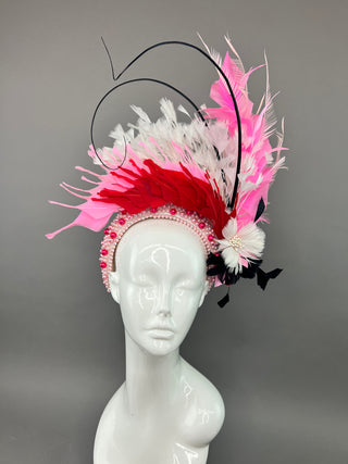 PEARL HEADBAND FASCINATOR ADORNED WITH RED, PINK AND BLACK