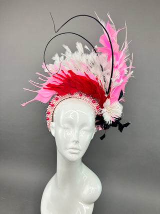 PEARL HEADBAND FASCINATOR ADORNED WITH RED, PINK AND BLACK