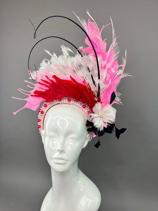 PEARL HEADBAND FASCINATOR ADORNED WITH RED, PINK AND BLACK