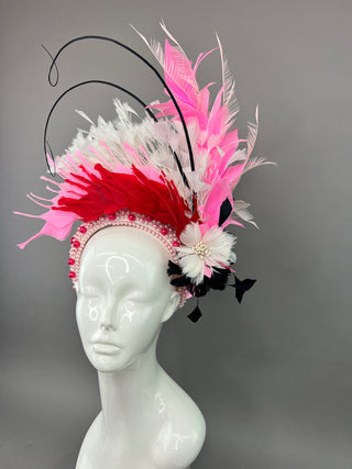 PEARL HEADBAND FASCINATOR ADORNED WITH RED, PINK AND BLACK