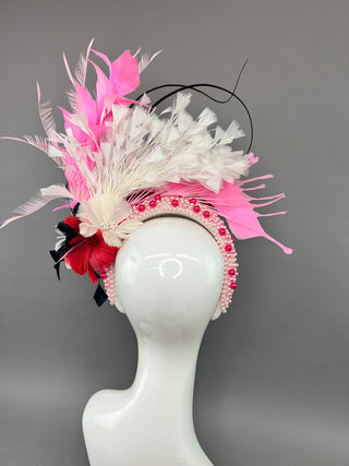 PEARL HEADBAND FASCINATOR ADORNED WITH RED, PINK AND BLACK