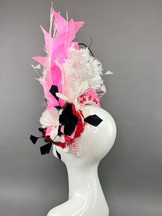PEARL HEADBAND FASCINATOR ADORNED WITH RED, PINK AND BLACK
