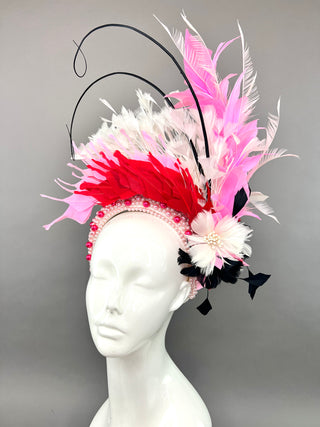 PEARL HEADBAND FASCINATOR ADORNED WITH RED, PINK AND BLACK
