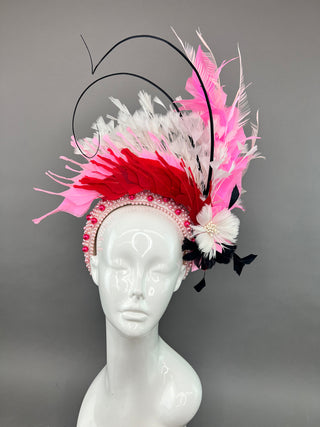 PEARL HEADBAND FASCINATOR ADORNED WITH RED, PINK AND BLACK