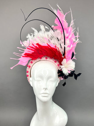 PEARL HEADBAND FASCINATOR ADORNED WITH RED, PINK AND BLACK