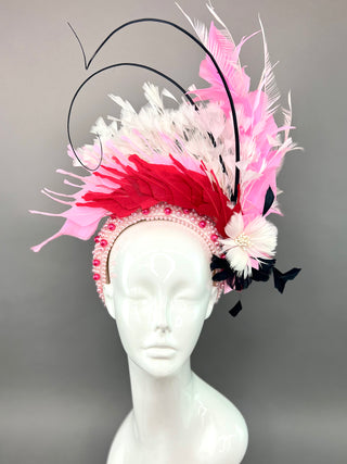 PEARL HEADBAND FASCINATOR ADORNED WITH RED, PINK AND BLACK