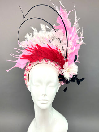PEARL HEADBAND FASCINATOR ADORNED WITH RED, PINK AND BLACK