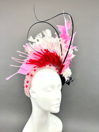 PEARL HEADBAND FASCINATOR ADORNED WITH RED, PINK AND BLACK