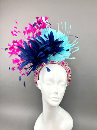 HEADBAND FASCINATOR WITH NAVY, FUCHSIA AND TURQUOISE